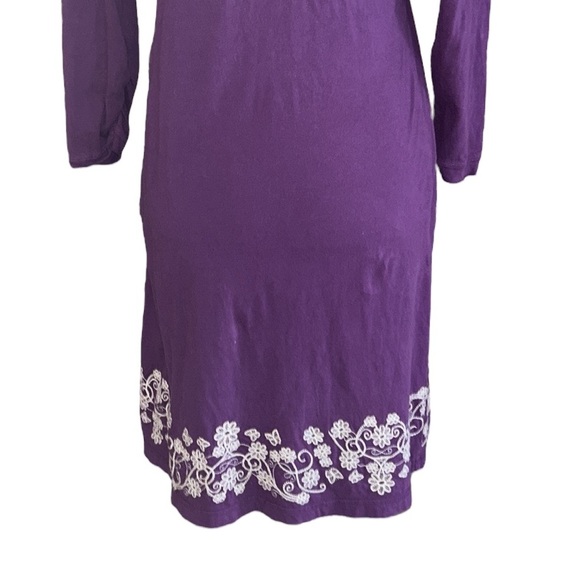 Johnny Was Purple Embroidered Floral Butterfly Long Ruched Sleeve Knit Dress - M - Picture 7 of 10